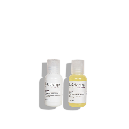 Mini lotion and wash set with notes of bergamot, coconut, water flowers and rose