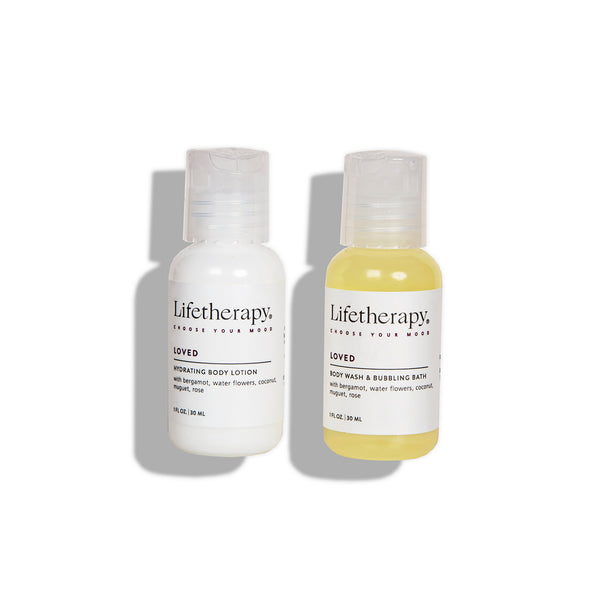 Mini lotion and wash set with notes of bergamot, coconut, water flowers and rose