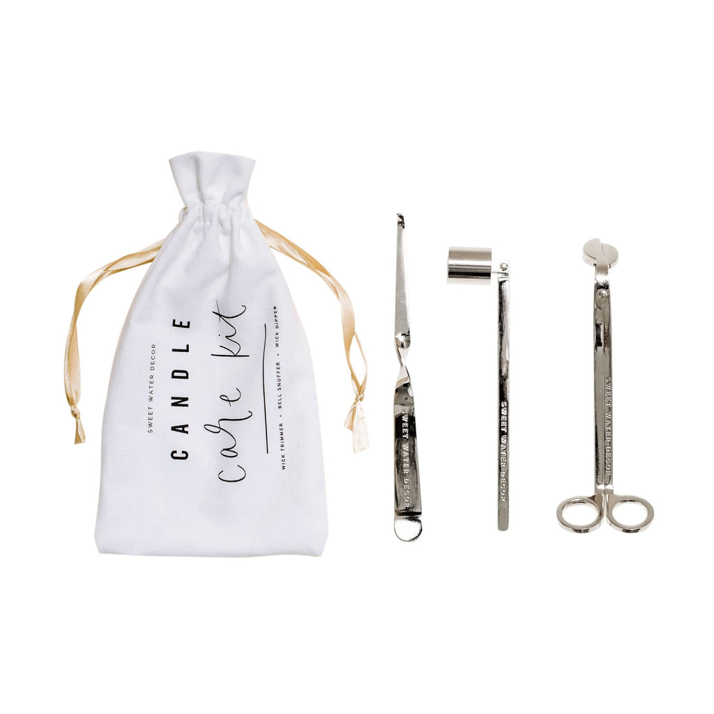 Kit includes, Color: Gold Tone or Silver Tone Wick Trimmer: 6.75" Candle Snuffer: 6.25" Wick Dipper: 7.6" Hand Lettered Drawstring Pouch Included
